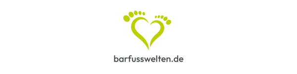 Das barfusswelten.de-Logo: Ein großer und ein kleiner Fuß bilden zusammen ein hellgrünes Herz. Darunter steht der Schriftzug "barfusswelten.de".