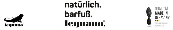 Leguano Logo - Natürlich, barfuß, leguano - Qualität made in Germany - Die Barfußschuh-Manufaktur